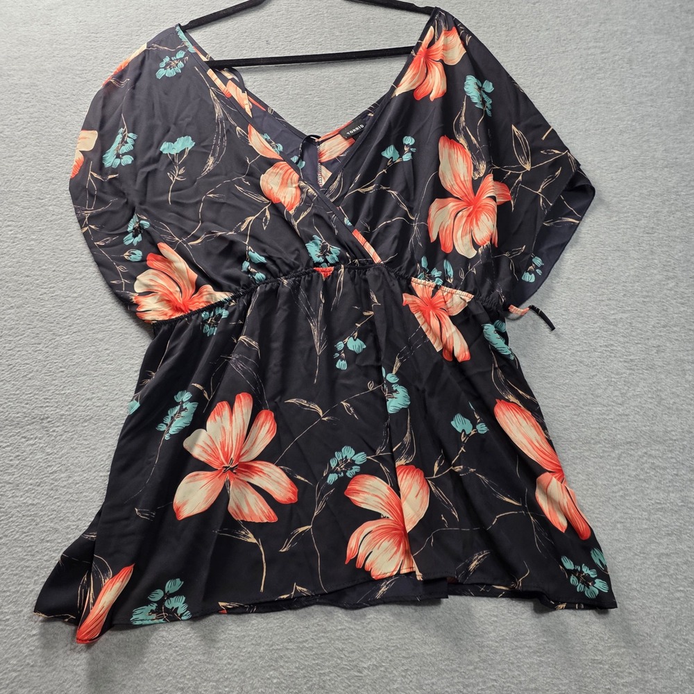 Torrid Womens‎ 1X Black Floral Wrap Top Surplice Empire Waist Short Sleeve